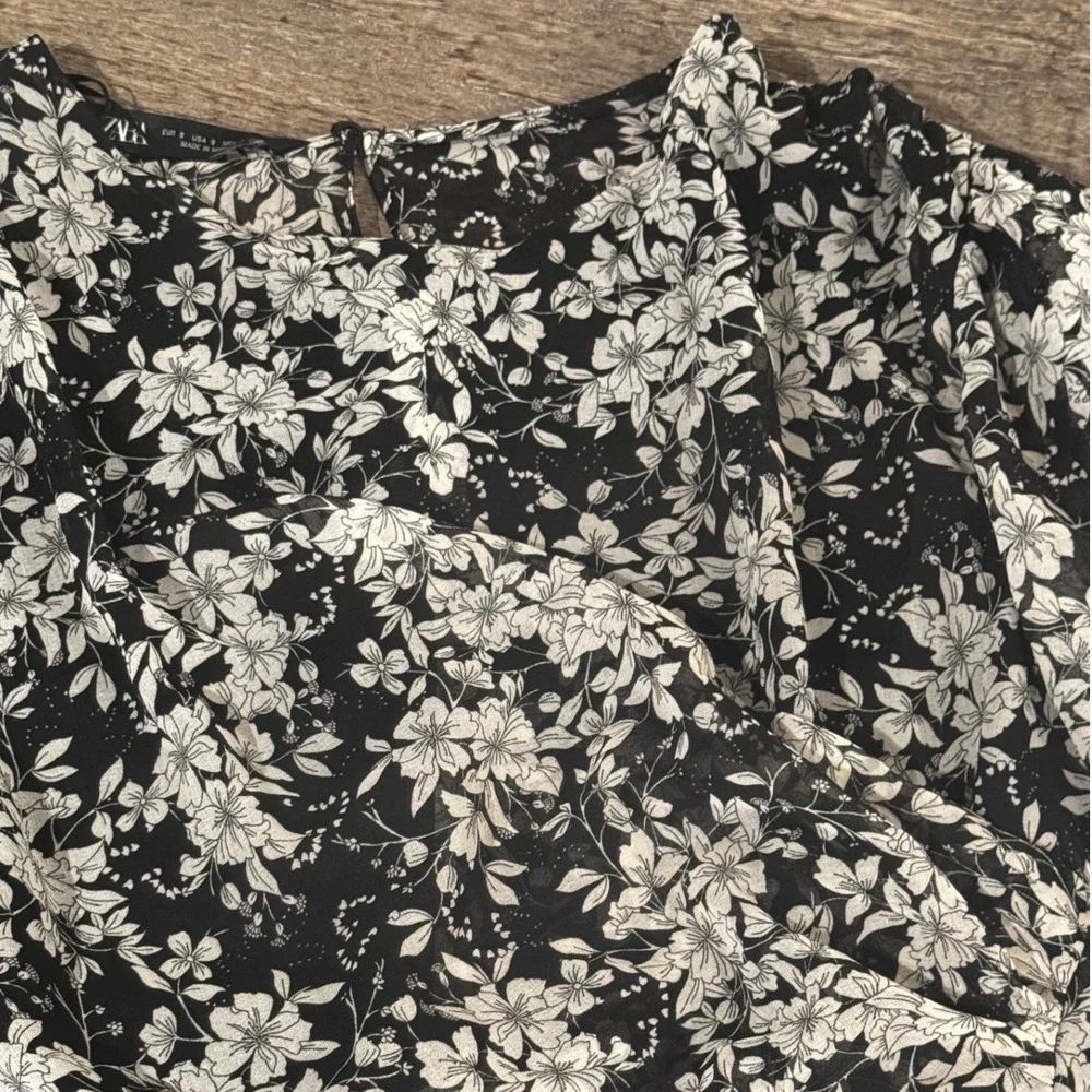 Black Floral Ruched Chiffon Crop Top Long Puff Sleeve Zara Small